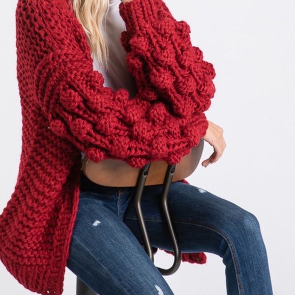 🆕ONE SIZE CHERRY RED POM POM BALLON SLEEVE OPEN FRONT CARDIGAN SWEATER JACKET - Picture 5 of 5